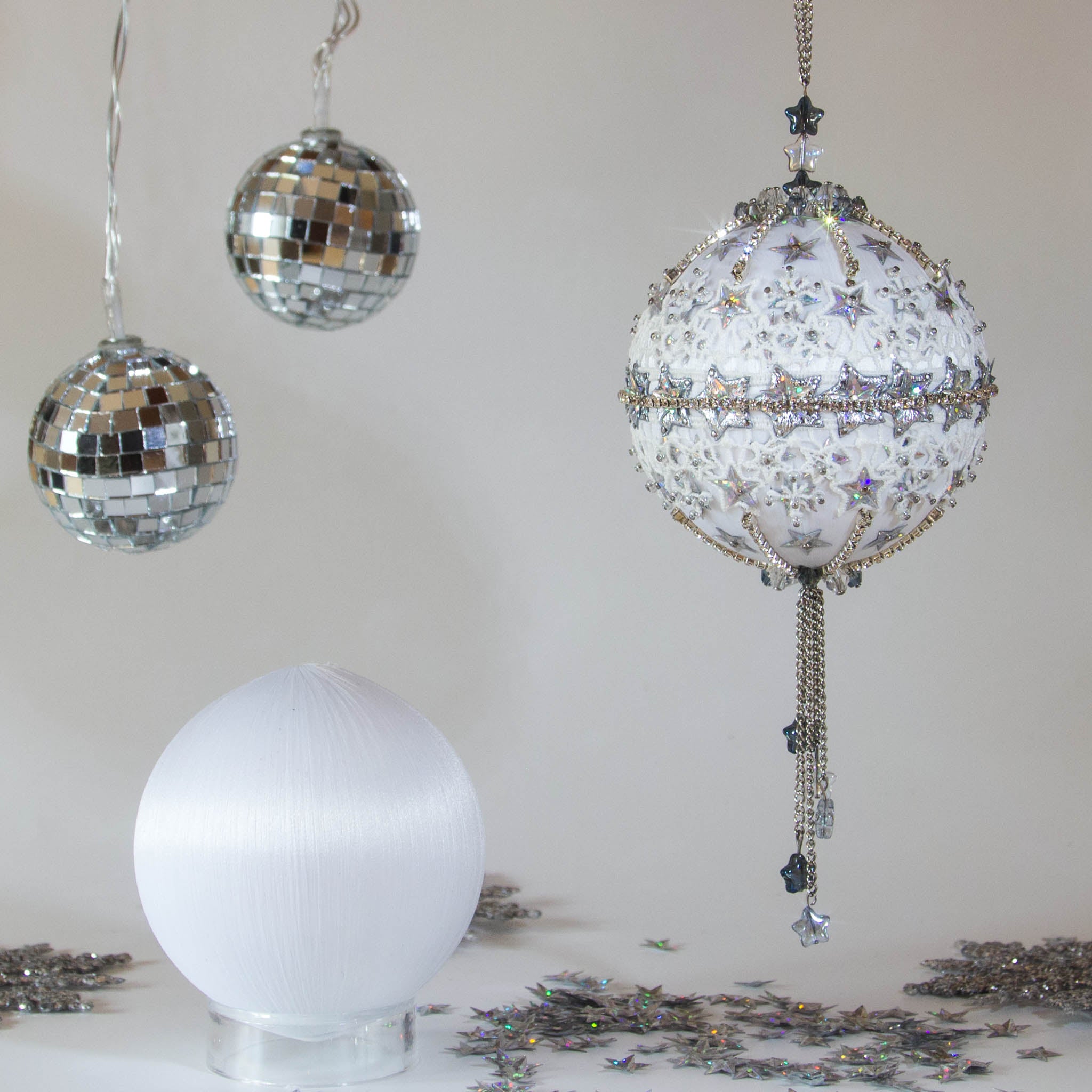 New Year Star Sequin Ornament Kit in white color from Whim5seasons is a 3-4 hour project for an intermediate skill level. (White)