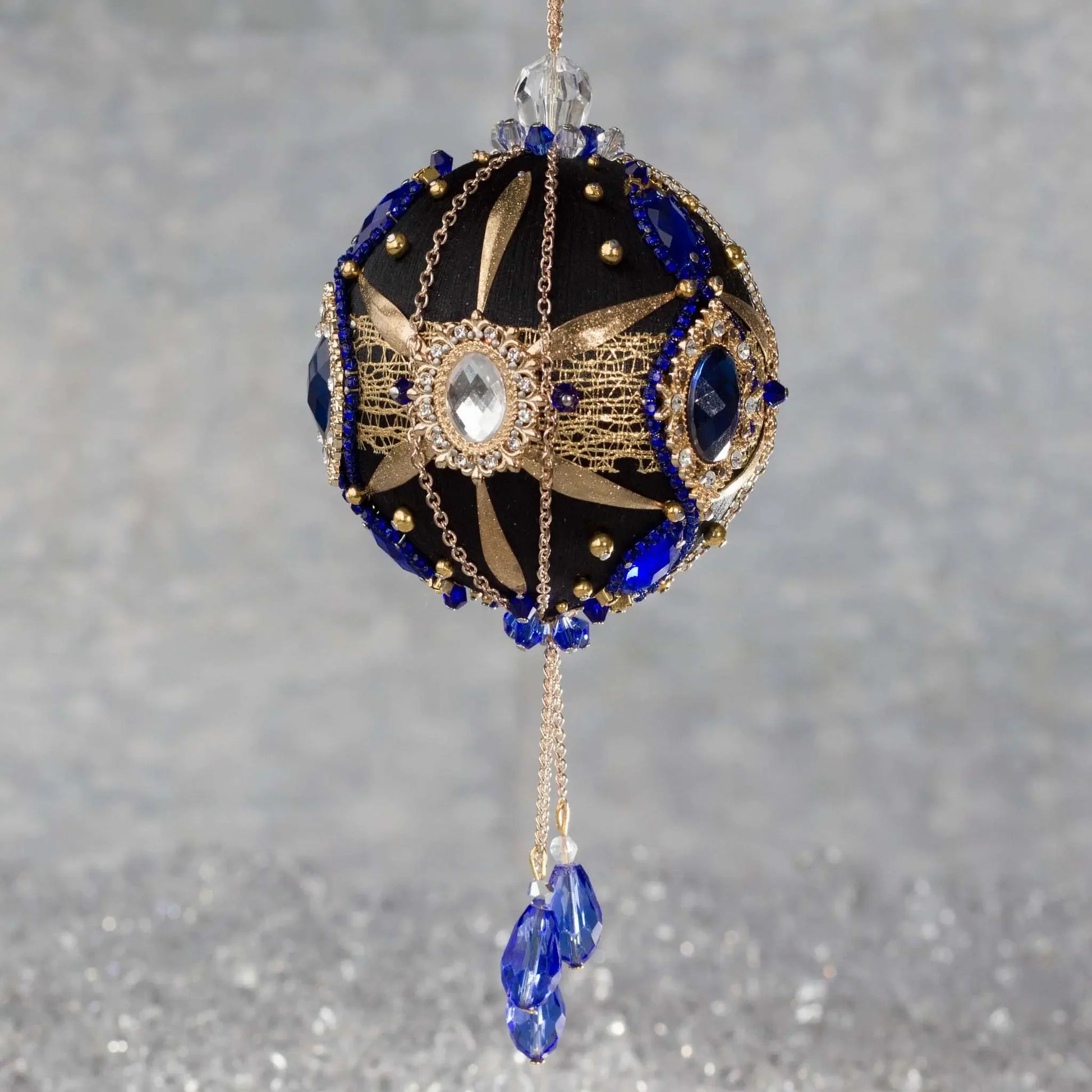 Phoenix Christmas Beaded Handmade Satin Ornament features large cameos with indigo blue rhinestones, gold alloy accents, and rose old chain. (Black)