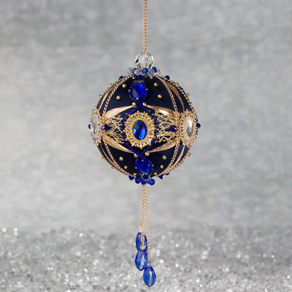 Phoenix Christmas Beaded Handmade Satin Ornament features large cameos with indigo blue rhinestones, gold alloy accents, and rose old chain. (Navy)