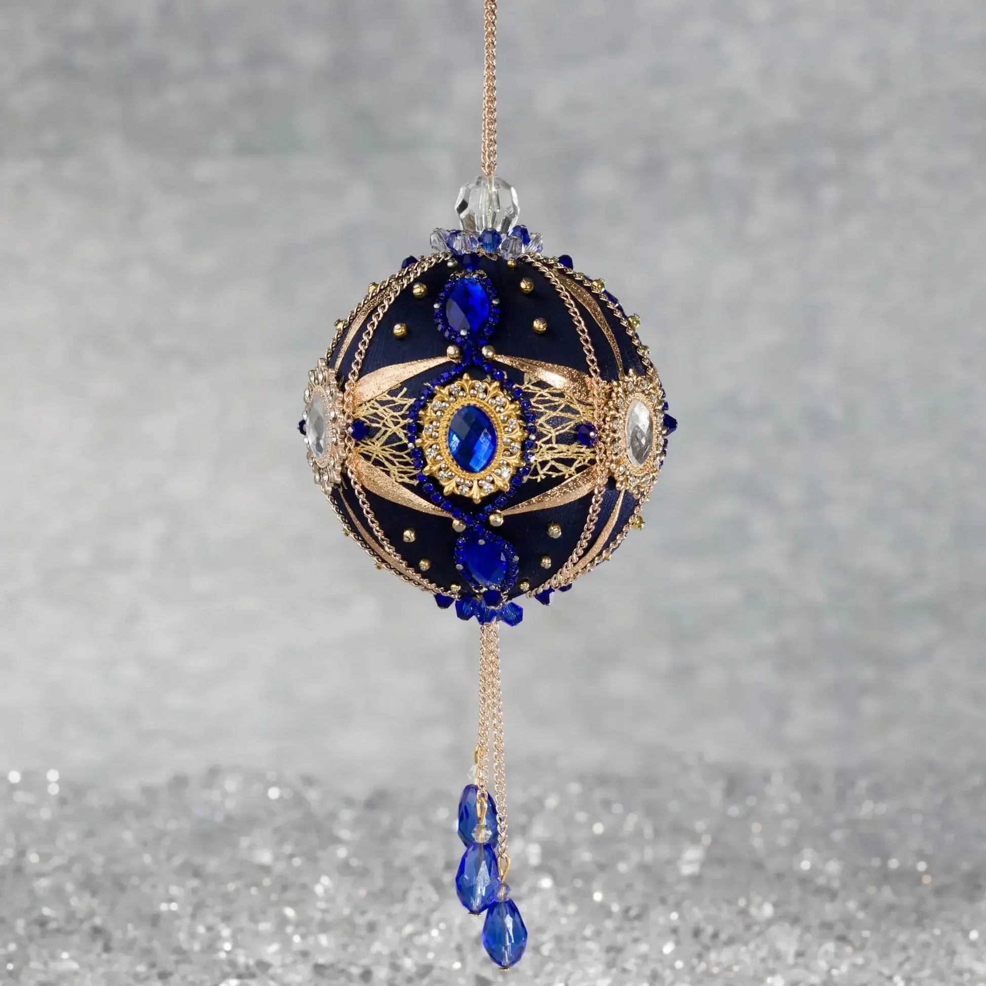 Phoenix Christmas Beaded Handmade Satin Ornament features large cameos with indigo blue rhinestones, gold alloy accents, and rose old chain. (Navy)