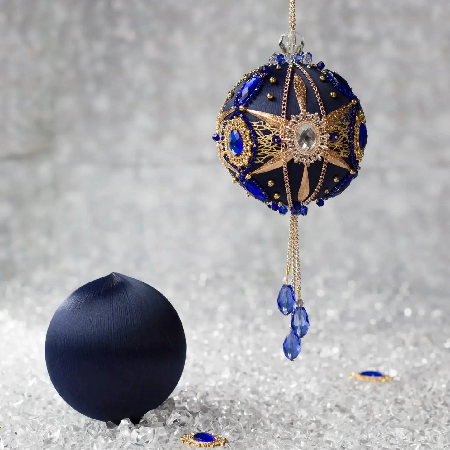 Phoenix Christmas Beaded Push Pin Ornament Kit features large cameos with blue rhinestones, gold alloy accents, and rose gold chain. (Navy)
