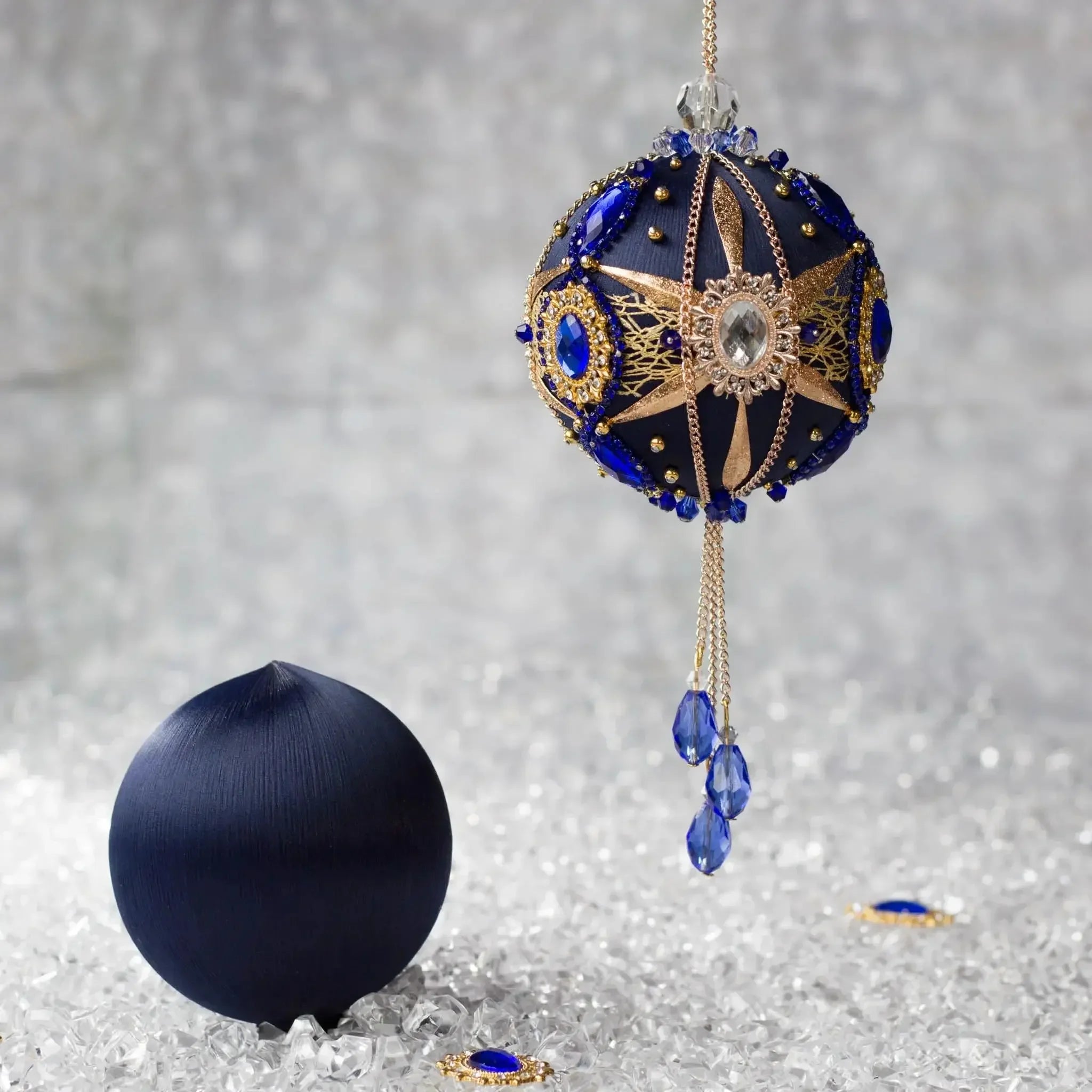 Phoenix Christmas Beaded Push Pin Ornament Kit features large cameos with blue rhinestones, gold alloy accents, and rose gold chain. (Navy)