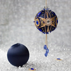 Phoenix Christmas Beaded Push Pin Ornament Kit features large cameos with blue rhinestones, gold alloy accents, and rose gold chain. (Navy)