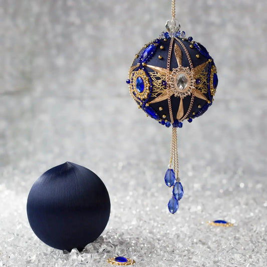 Phoenix Christmas Beaded Push Pin Ornament Kit features large cameos with blue rhinestones, gold alloy accents, and rose gold chain. (Navy)