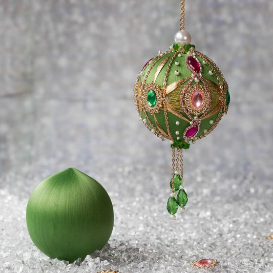 Phoenix Christmas Beaded Push Pin Ornament Kit features pink and green cameos with rhinestones, gold alloy accents, and rose gold chain. (Olive)