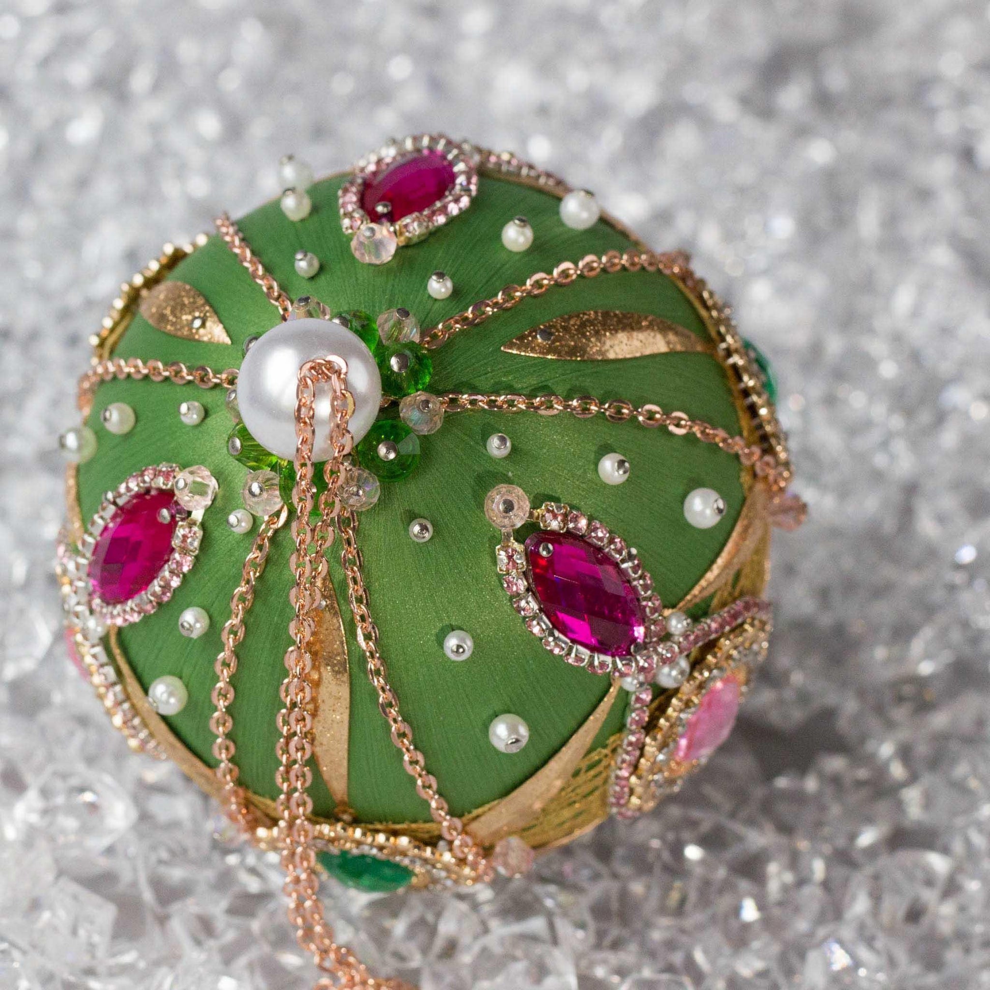 Phoenix Christmas Beaded Handmade Satin Ornament embellished with large cameos and pearl beads. (Olive)