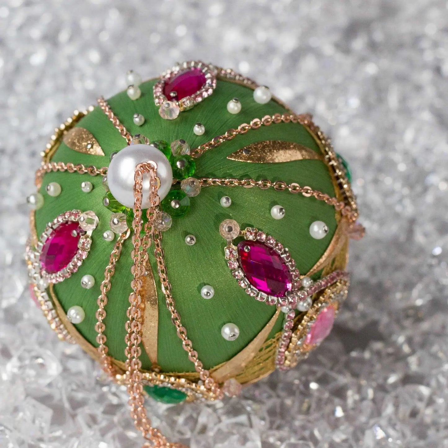 Phoenix Christmas Beaded Handmade Satin Ornament embellished with large cameos and pearl beads. (Olive)