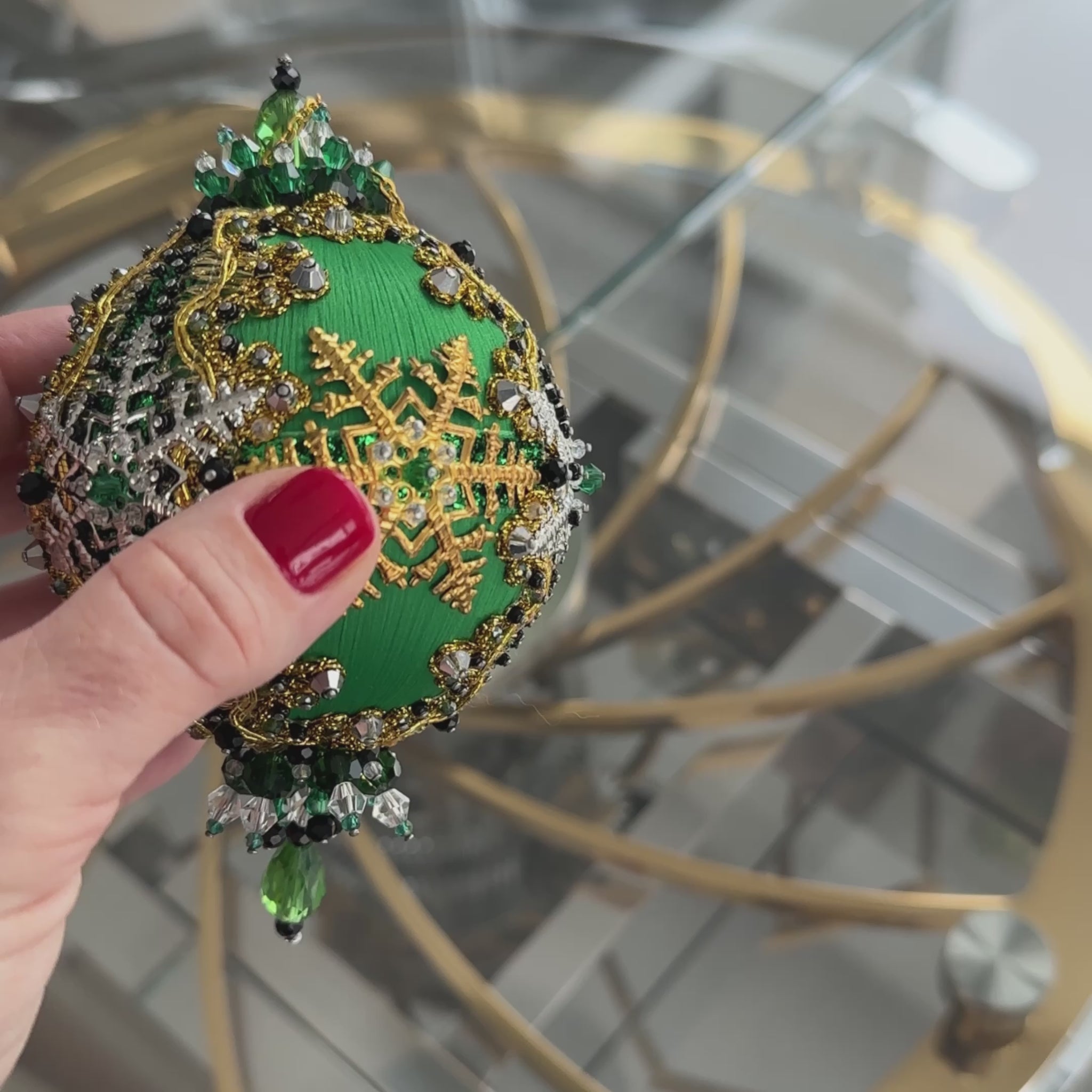 Beaded Sequin Christmas Satin Ornament Push Pin 
Vintage  (Green)
