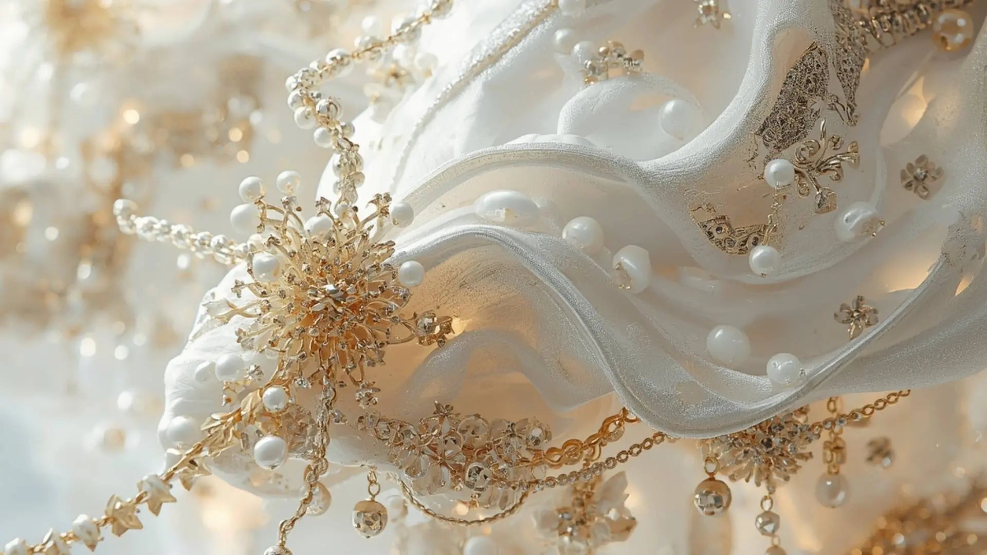 Beautiful pearls and gold accents on a silk creamy fabric for crafting holiday ornaments by Whim5seasons.