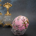 Load image into Gallery viewer, A bottom detail of Handmade Beaded Push Pin Easter Ornament  by Whim5seasons - white satin egg with pink plum bloom embroidery patches and silver cording. Faberge inspired.(Light Pink)
