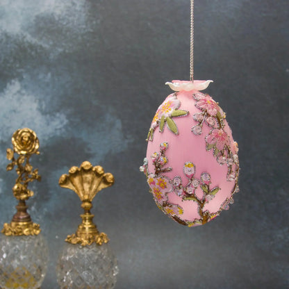 Handmade Easter Egg Satin Ornament  by Whim5seasons - white satin egg with pink plum bloom embroidery patches and silver cording. (Light Pink)