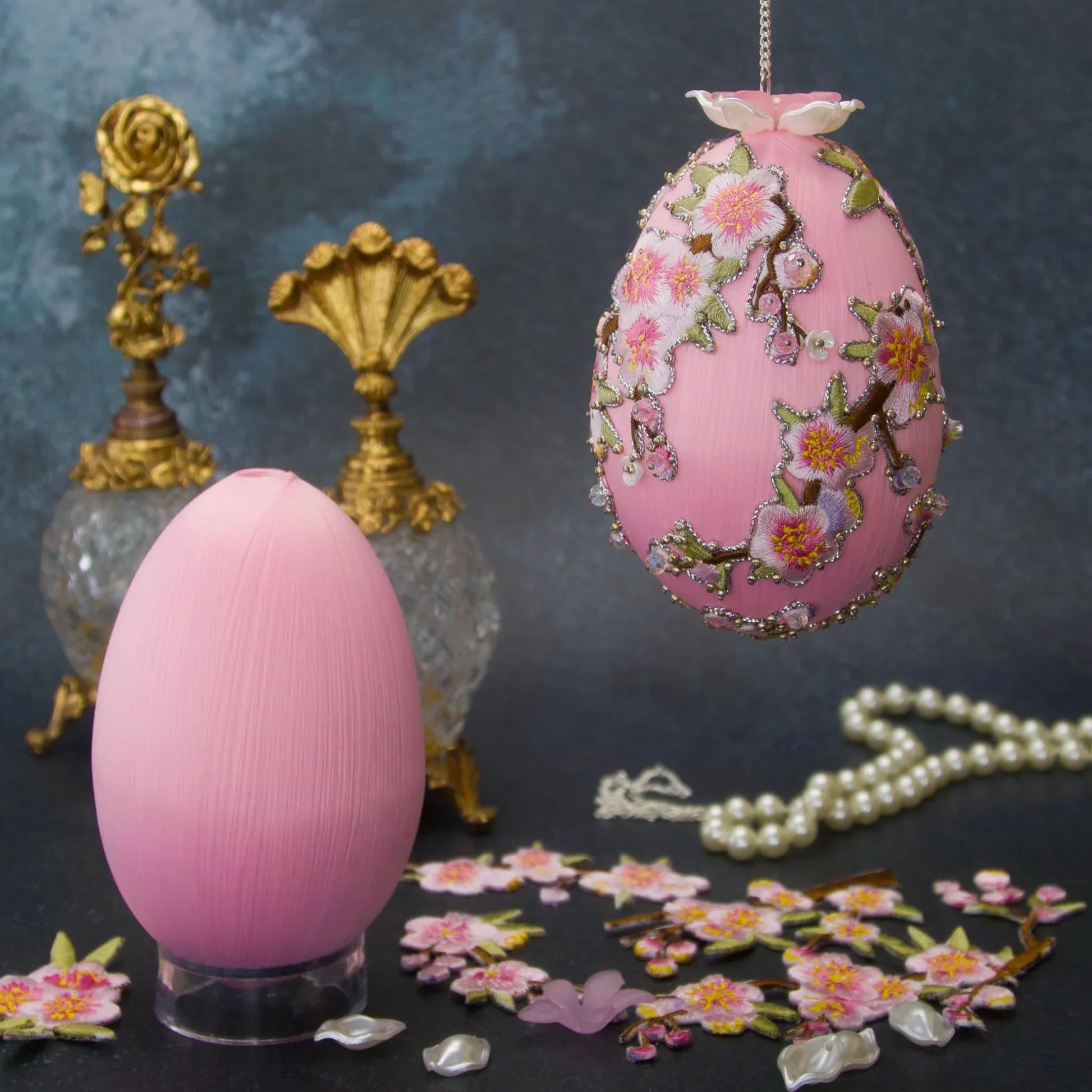 Beaded Easter Egg Satin Ornament DIY Kit by Whim5seasons - white satin core with pink plum bloom and silver cording. (Light Pink)