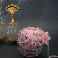 Load image into Gallery viewer, Top Pearly flower on handmade Easter Egg Push Pin Ornament  by Whim5seasons - white satin egg with pink plum bloom embroidery patches and silver cording. (Light Pink)
