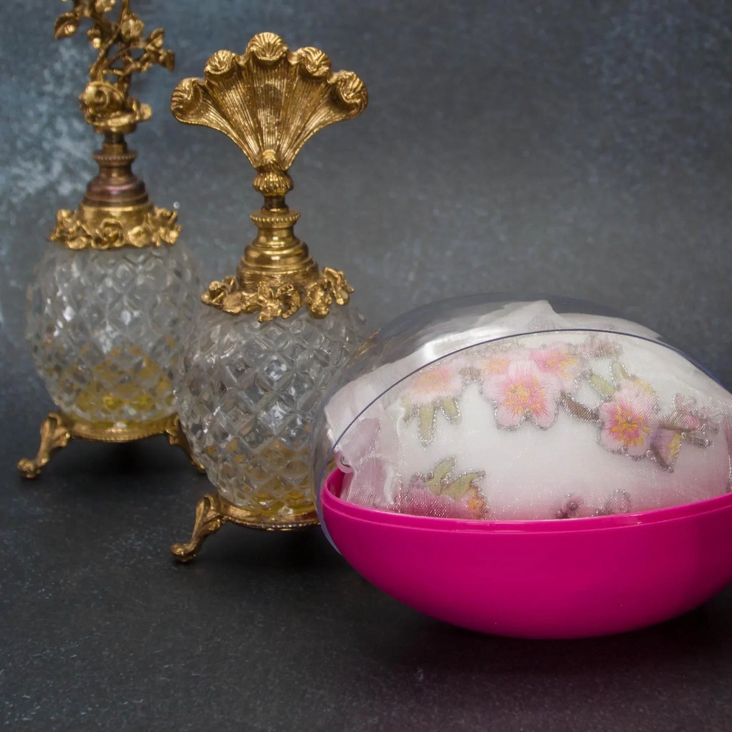 Handmade Easter Egg Satin Ornament  by Whim5seasons packed in organza bag and a pink container with a clear lid. (White)