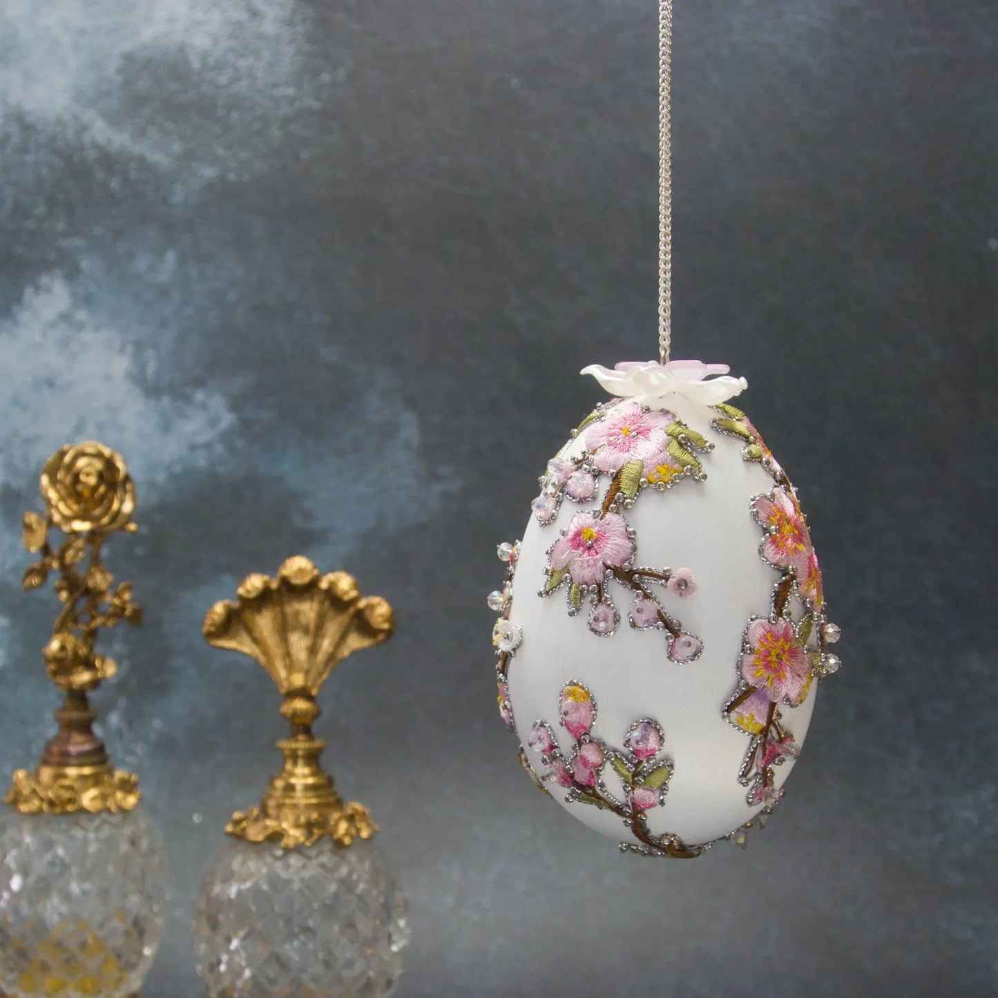 Handmade Easter Egg Satin Ornament  by Whim5seasons - DIY white satin egg meticulously crafted with embroidery patches, hundreds of beads, and silver cording. (White)