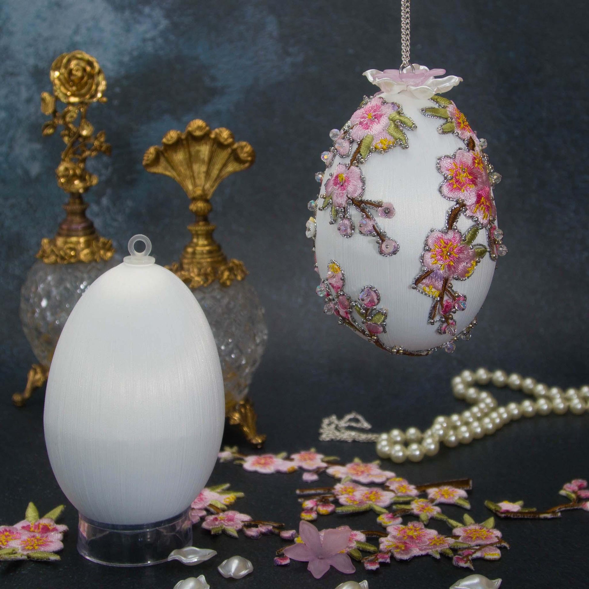 Beaded Easter Egg Satin Ornament DIY Kit by Whim5seasons - white satin core with pink plum bloom and silver cording. (White)