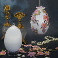 Load image into Gallery viewer, Beaded Easter Egg Satin Ornament DIY Kit by Whim5seasons - white satin core with pink plum bloom and silver cording. (White)
