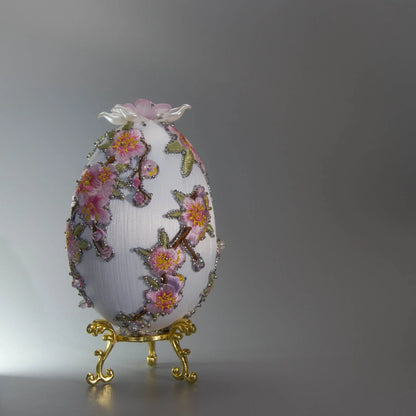 Handmade Easter Egg Satin Ornament  by Whim5seasons - white satin egg with pink plum bloom embroidery patches and silver cording. (White)