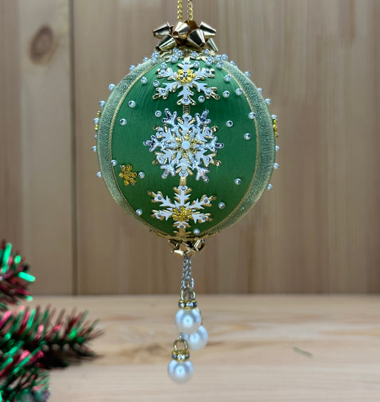 Handmade Satin Ornament by whim5seasons is made using satin ball core and beaded with pearls, snowflake charms, and sparkly trims.