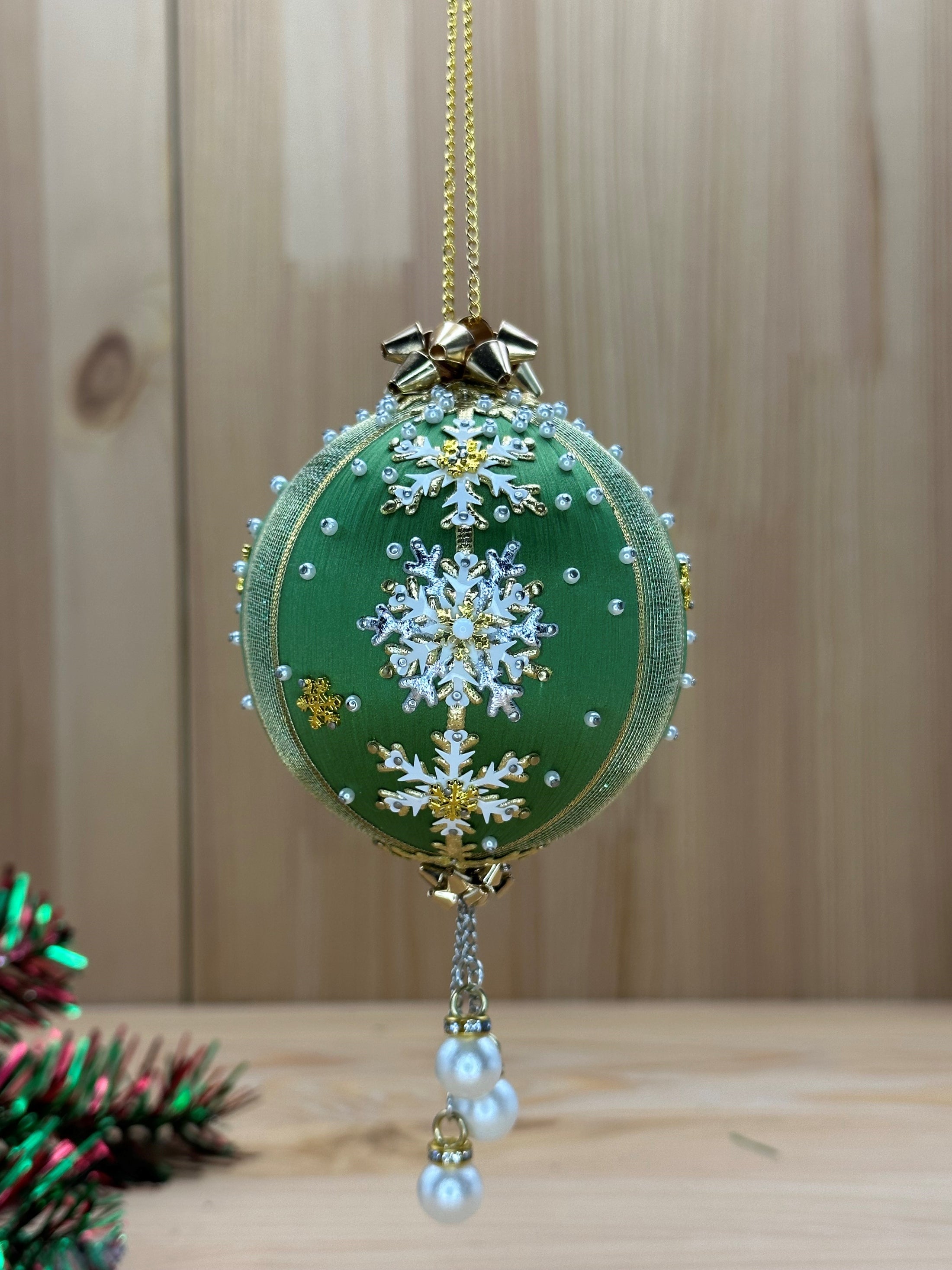 Snowflake Christmas Satin Push Pin Ornament Kit includes all you need to make a sage green ball ornament - green with gold accents. (Olive)