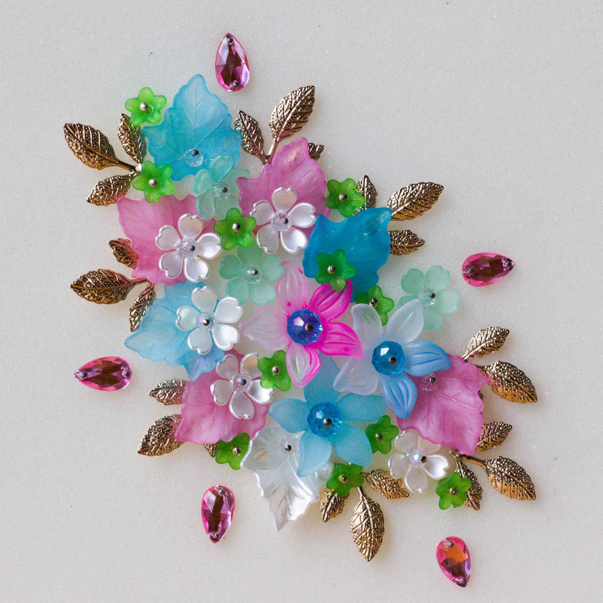 Custom mix of clue, pink, and gold leaves with flowers - small embellishing kit from Whim5seasons.