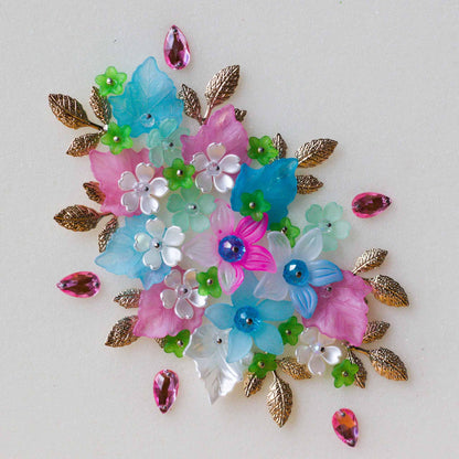 Custom mix of clue, pink, and gold leaves with flowers - small embellishing kit from Whim5seasons.