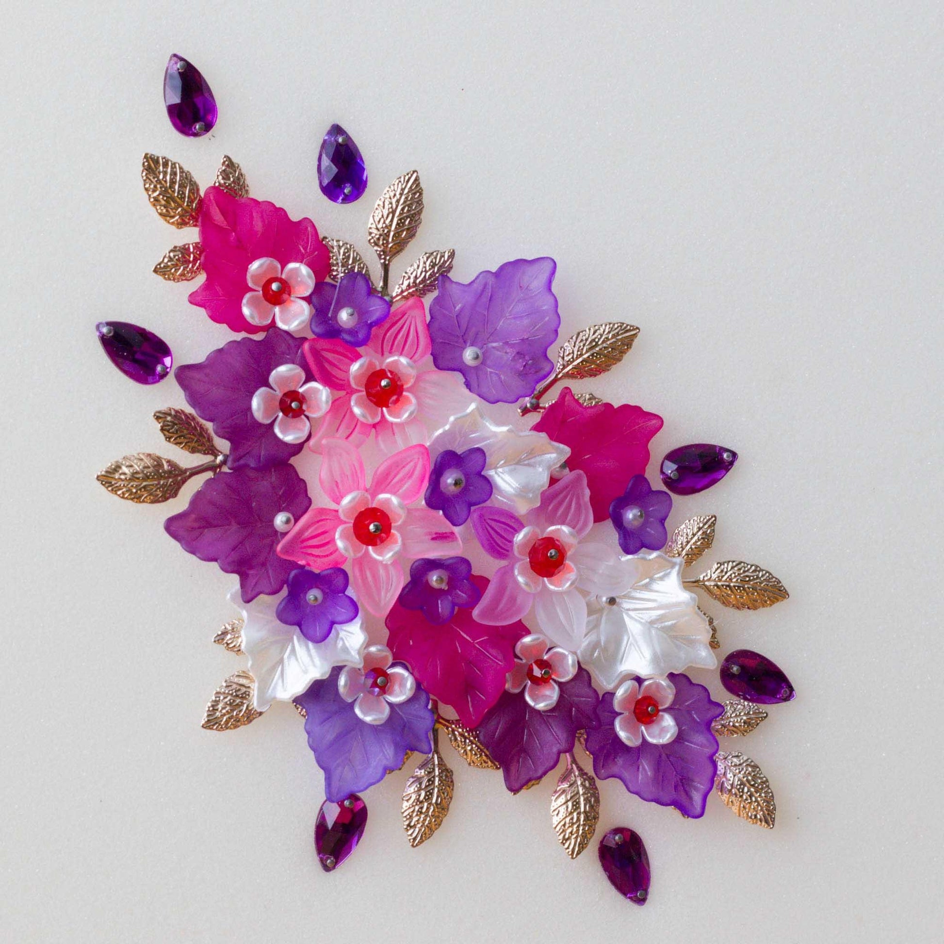 Ornament Supplies - mix of embellishments, purple and pink, and pearlesque leaves, glass see beads, and gold alloy charms - Whim5seasons.