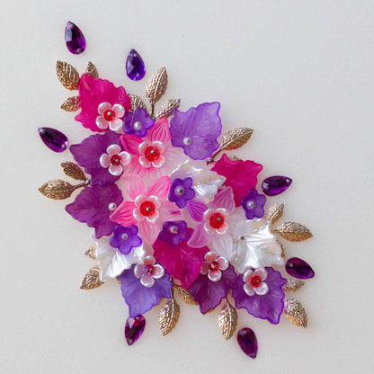 Ornament Supplies - mix of embellishments, purple and pink, and pearlesque leaves, glass see beads, and gold alloy charms - Whim5seasons.