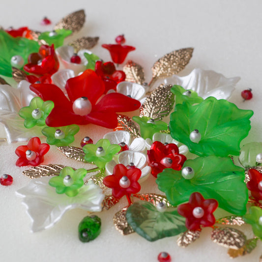 Ornament Supplies - mix of pearls, red and green flowers, pearlesque leaves, glass see beads, and gold alloy charms - Whim5seasons.