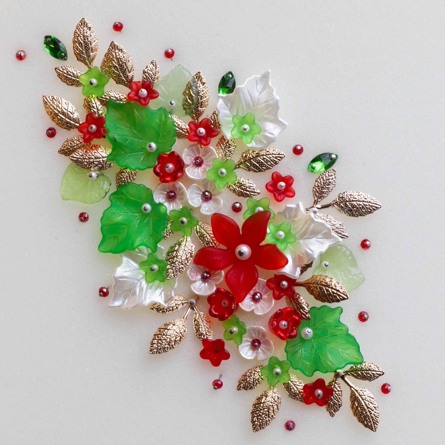 Ornament Supplies - mix of embellishments, red and green flowers, pearlesque leaves, glass see beads, and gold alloy charms - Whim5seasons.