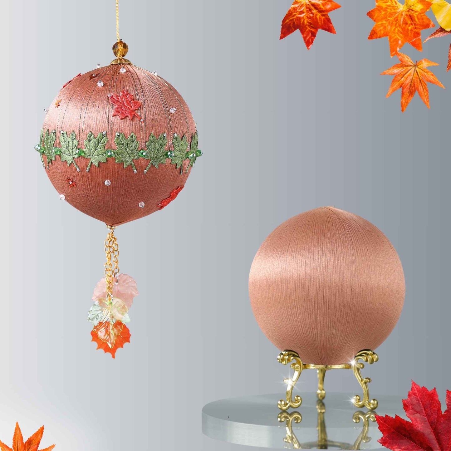 Push Pin Ornament Kit in rose brown color features green, orange, and brown maple leaf charms, gold chain, and a satin foam core on a light gray background by Whim5seasons.