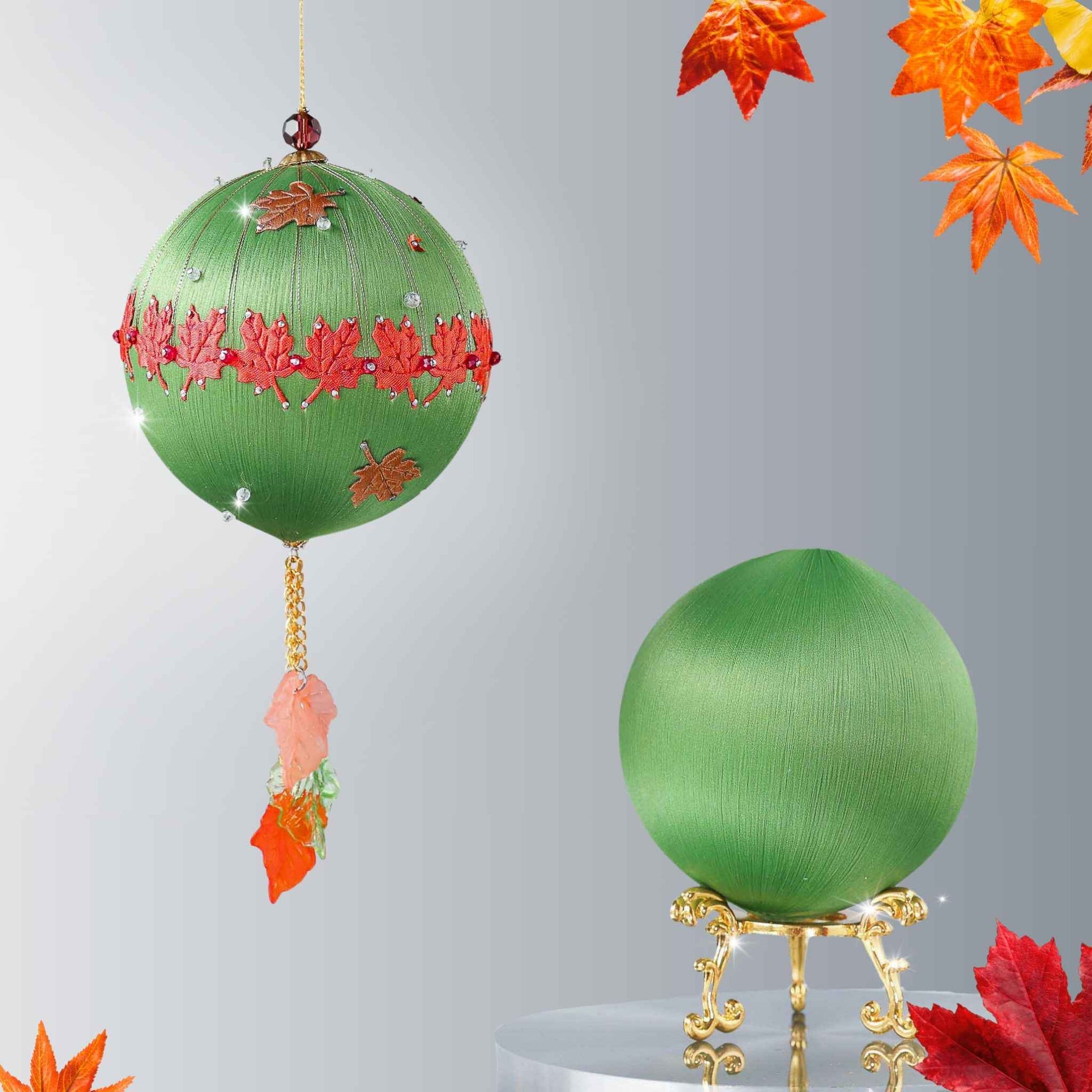 Push Pin Ornament Kit in olive color features maple leaf charms, leaf trim, and a satin foam core on a light gray background by Whim5seasons.