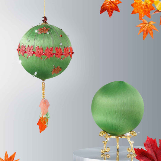 Push Pin Ornament Kit in olive color features maple leaf charms, leaf trim, and a satin foam core on a light gray background by Whim5seasons.