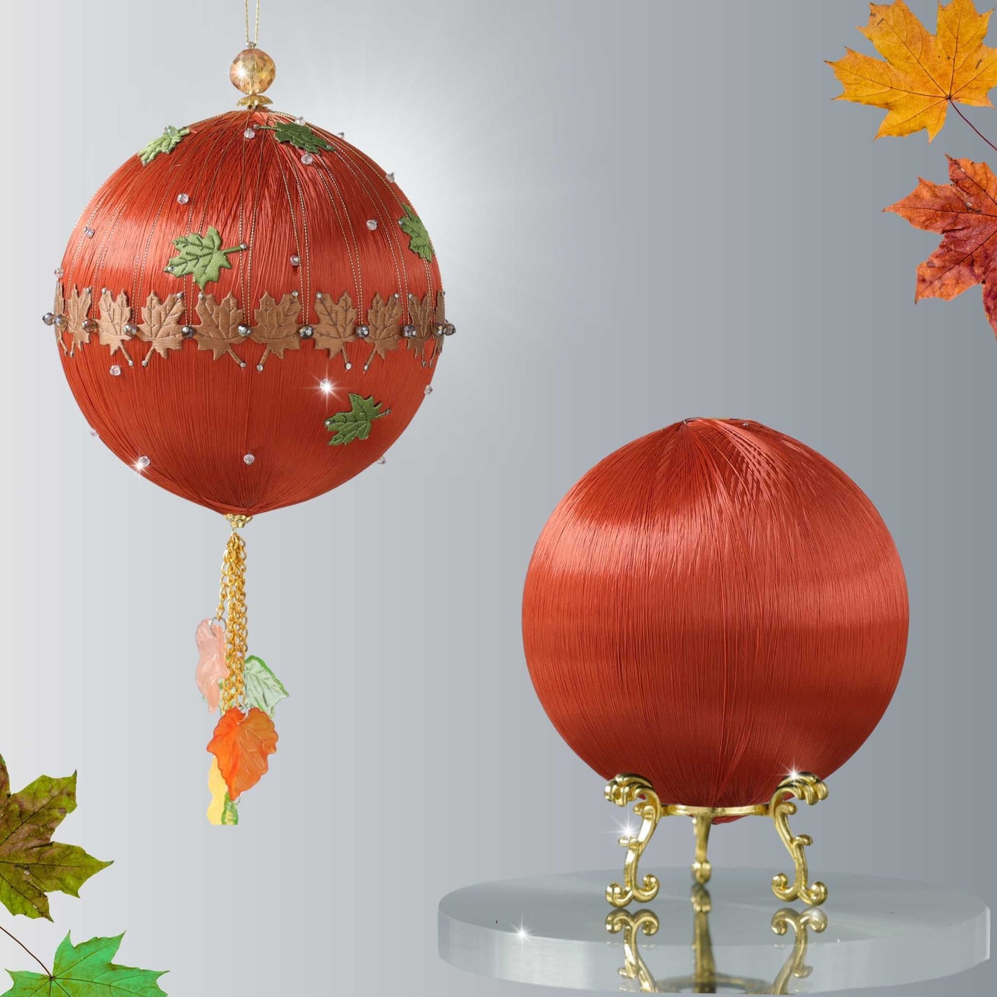 Large 4” beaded ornament kit showing two satin balls - one for an easy DIY Christmas ornament project, and the other is a handmade finished decorative ball with maple leaf charms by Whim5seasons.