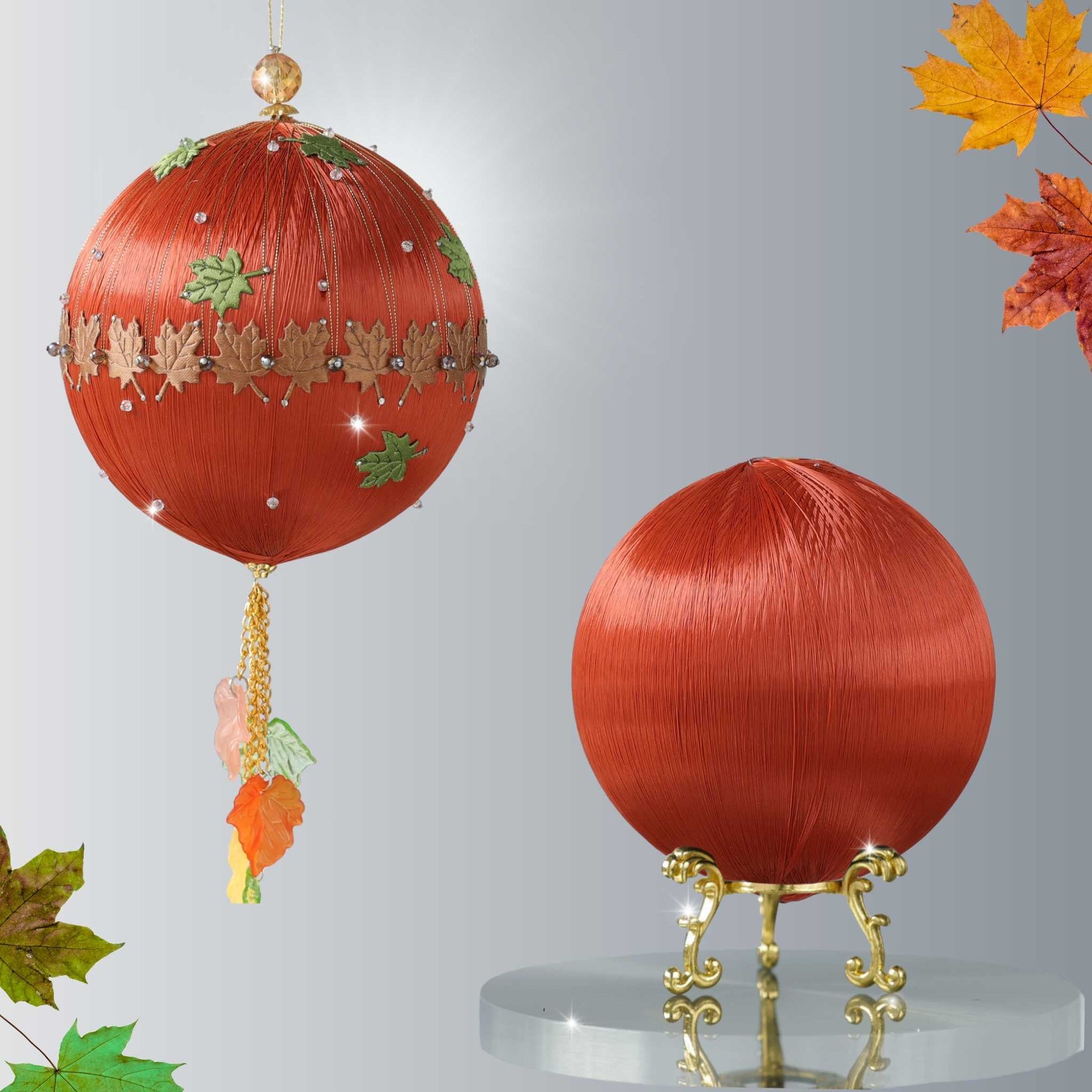 Large 4” beaded ornament kit showing two satin balls - one for an easy DIY Christmas ornament project, and the other is a handmade finished decorative ball with maple leaf charms by Whim5seasons.