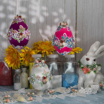 Collection of Vintage Doily Ornaments by Whim5seasons with beads, flowers, and a white cute bunny on a sunny windowsill.