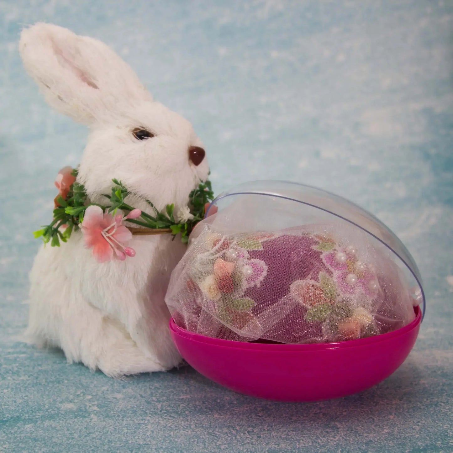 Vintage Doily Handmade Beaded Easter Egg Ornament by Whim5seasons in a pink container with a clear lid packed for storing. (Purple)