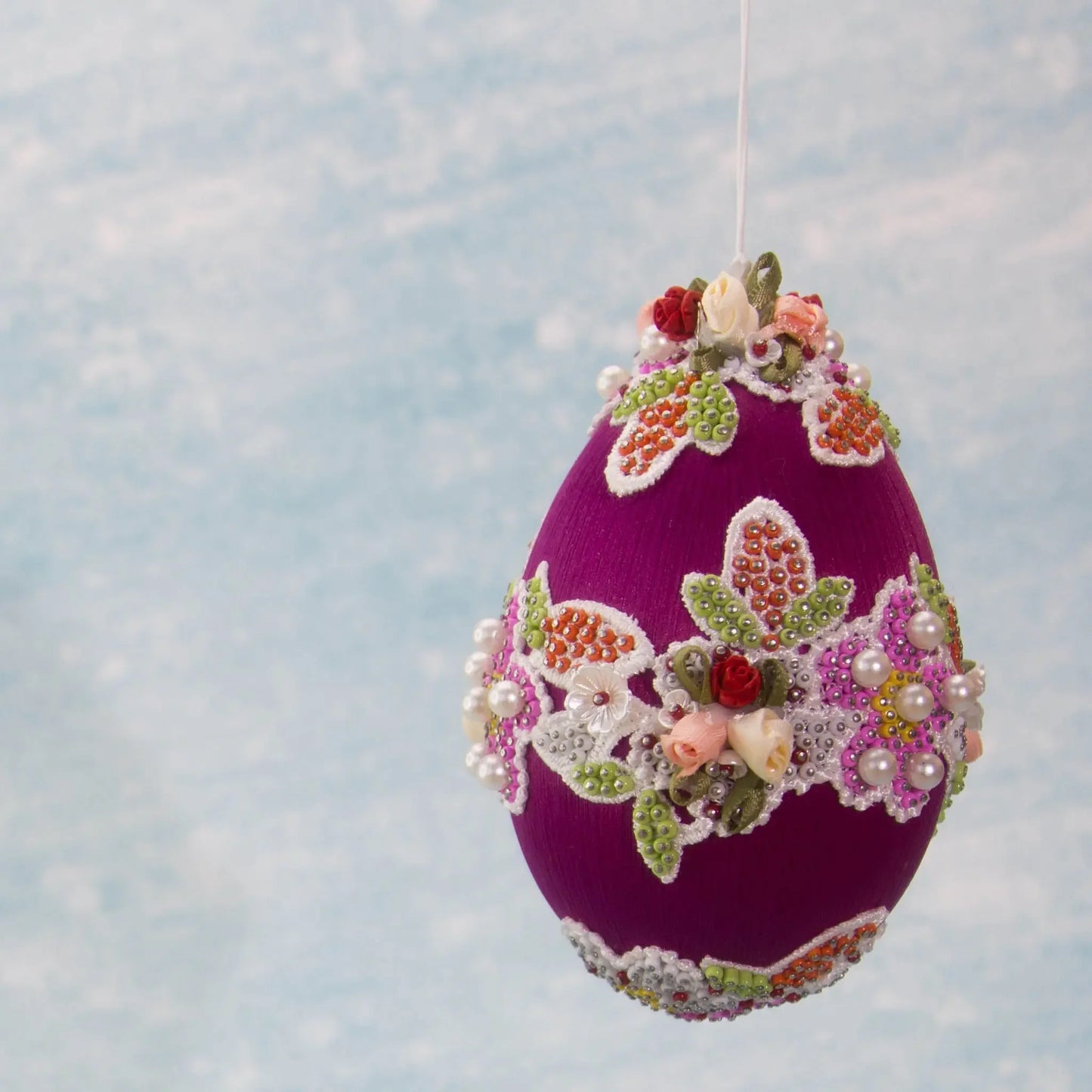 Vintage Doily Handmade Beaded Easter Egg Ornament by Whim5seasons embellished with pearls, lace, roses, and thousands of beads. (Purple)