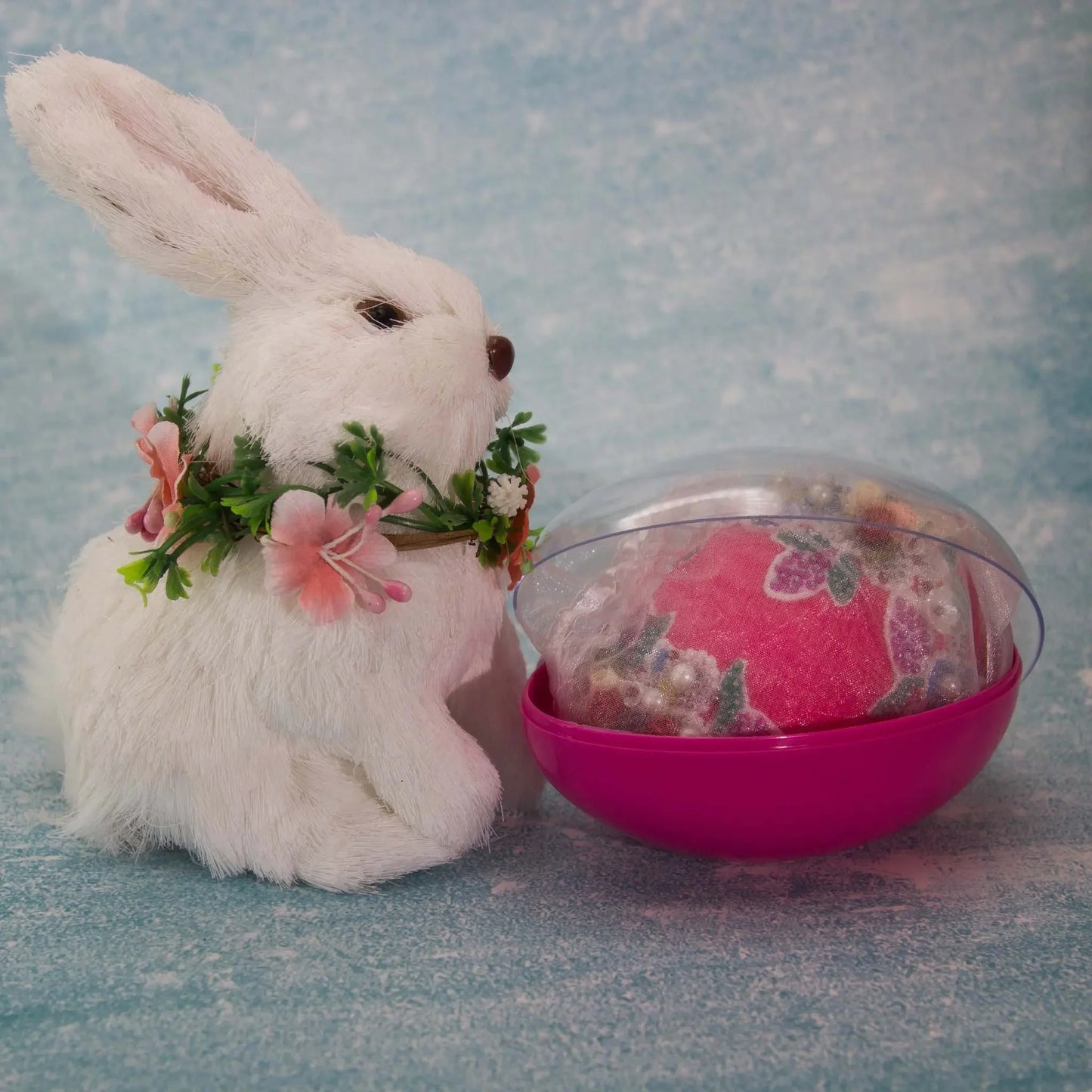 Vintage Doily Handmade Satin Easter Ornament embellished using lace with roses, pearls, and thousands of beads in a container with a clear  lid. (Deep Pink)