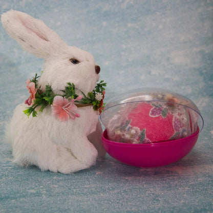 Vintage Doily Handmade Satin Easter Ornament embellished using lace with roses, pearls, and thousands of beads in a container with a clear  lid. (Deep Pink)