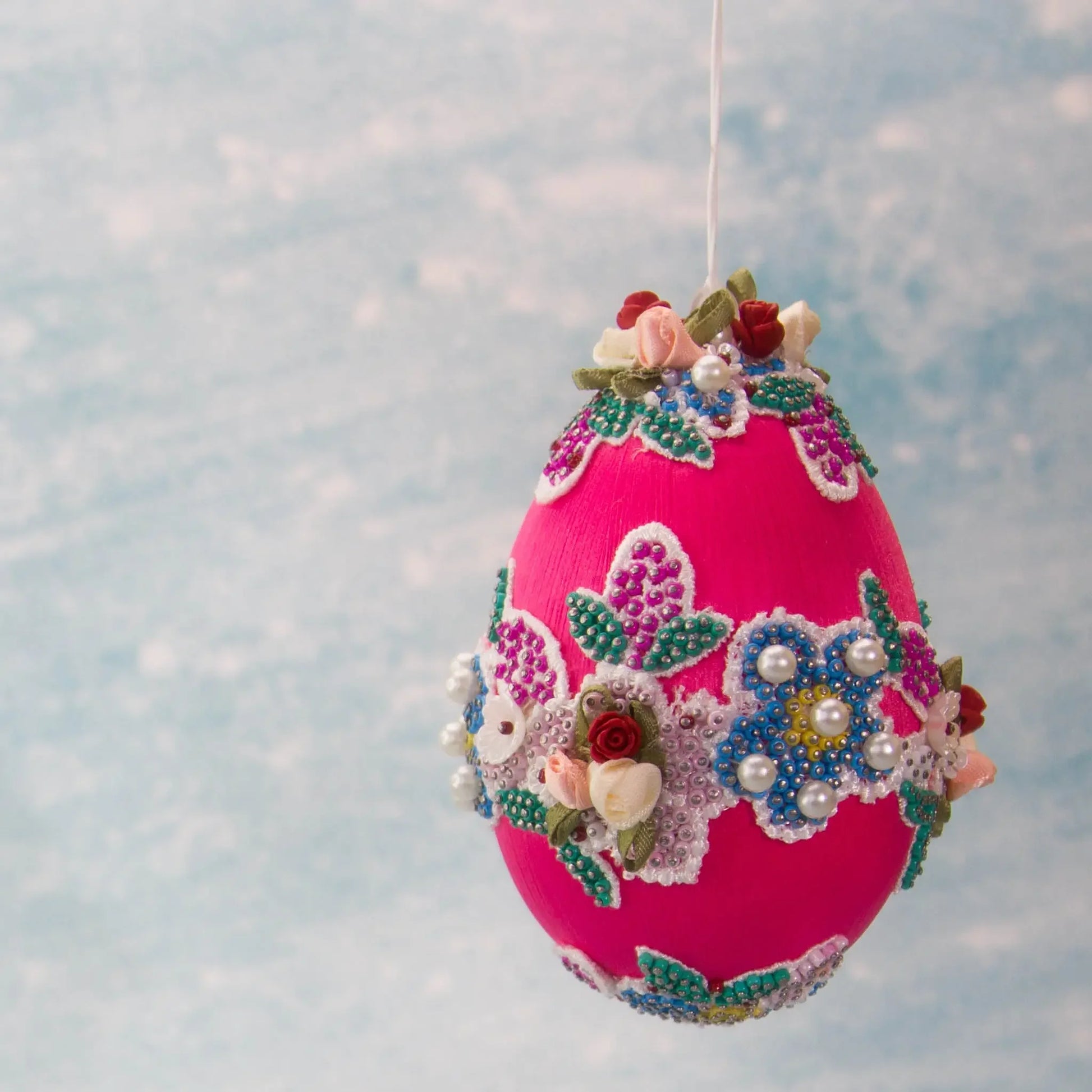 Vintage Doily Handmade Beaded Easter Egg Ornament by Whim5seasons embellished with pearls, lace, roses, and thousands of beads.(Deep Pink)