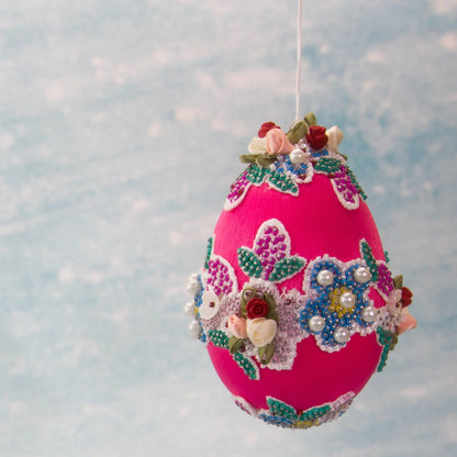 Vintage Doily Handmade Beaded Easter Egg Ornament by Whim5seasons embellished with pearls, lace, roses, and thousands of beads.(Deep Pink)