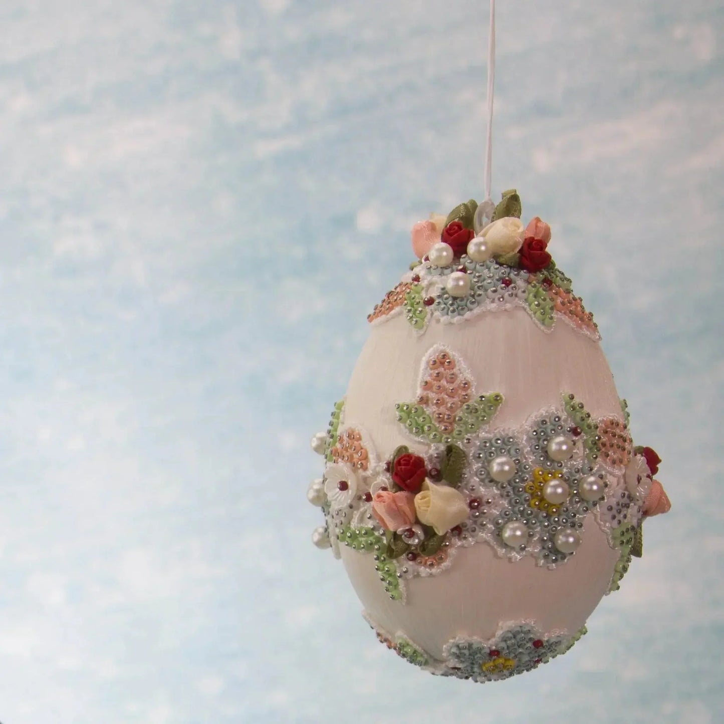 Vintage Doily Handmade Beaded Easter Egg Ornament by Whim5seasons embellished with pearls, lace, roses, and thousands of beads. (Old Lace)