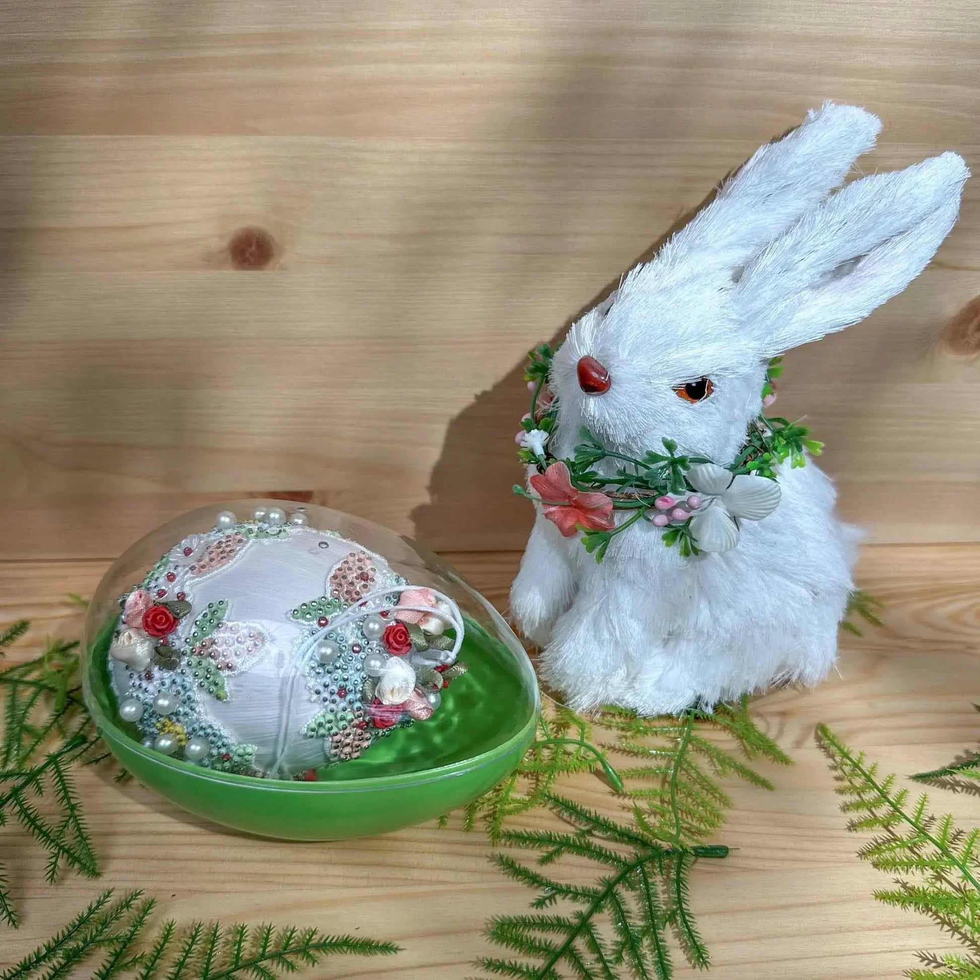 Vintage Doily Handmade Satin Easter Egg Ornament by Whim5seasons embellished with pearls, lace, roses, and thousands of beads. 