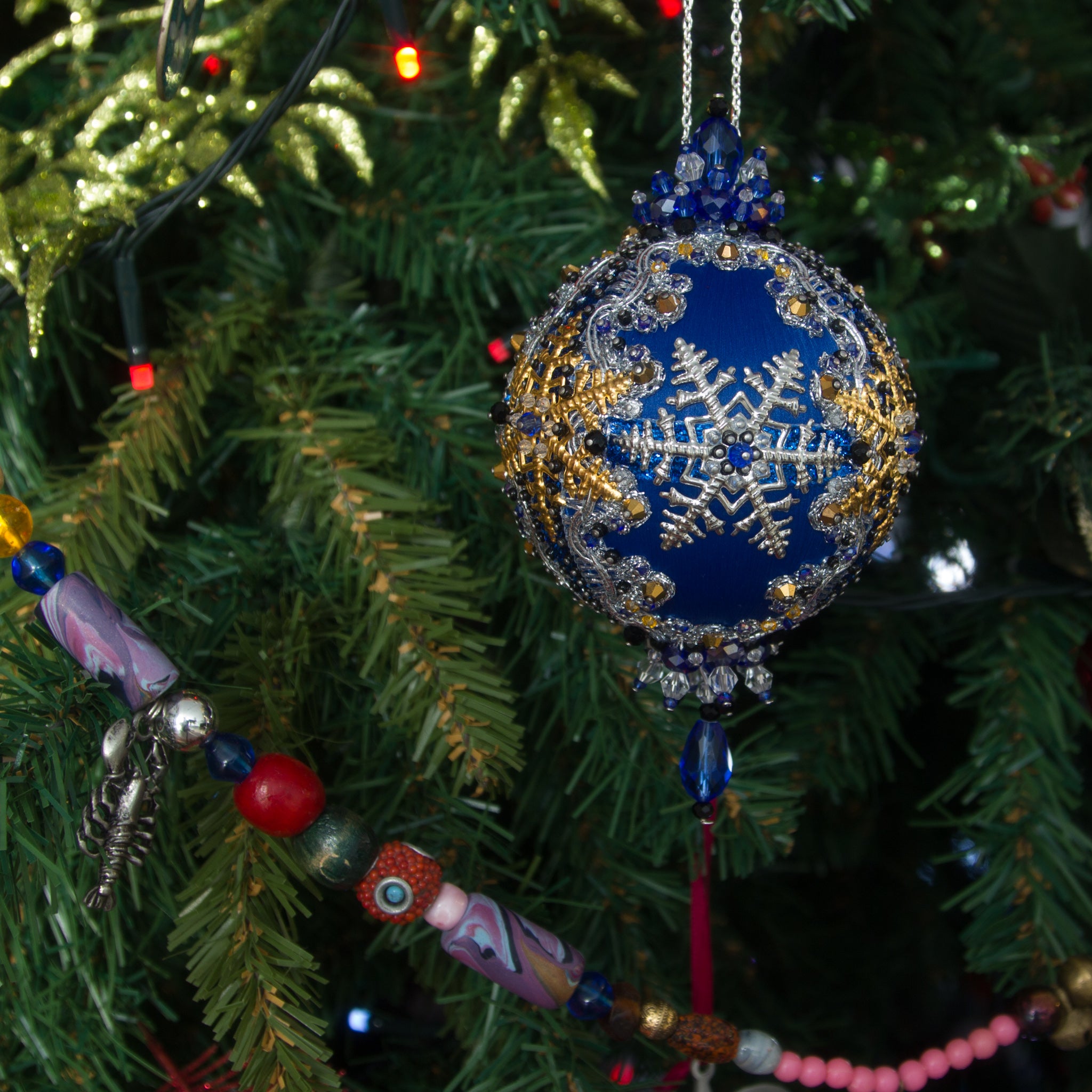 Beaded Sequin Christmas Satin Ornament Push Pin 
Vintage  (Blue)