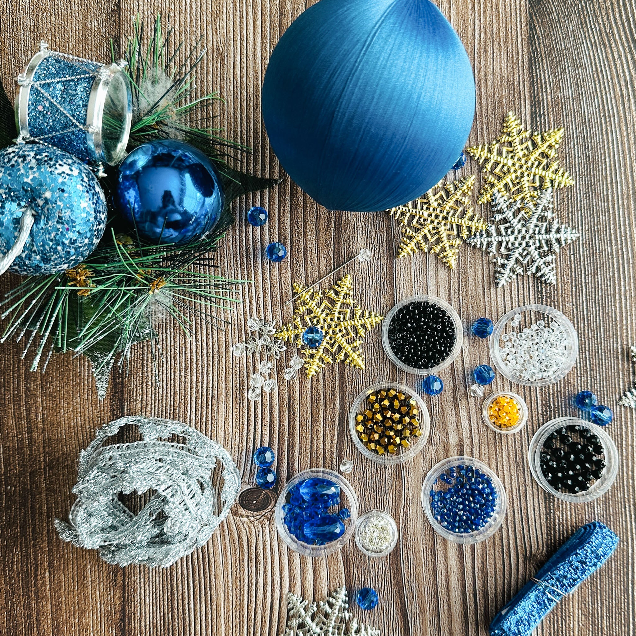 Beaded Sequin Christmas Satin Ornament Push Pin 
Vintage materials  (Blue)