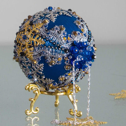 Beaded Sequin Christmas Satin Ornament Push Pin 
Vintage  (Blue)